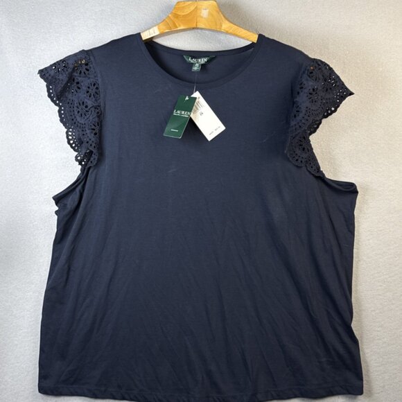 NWT Lauren Ralph Lauren Short Embroidered Sleeve Top Womens 2x Plus Size Navy B - Picture 1 of 12